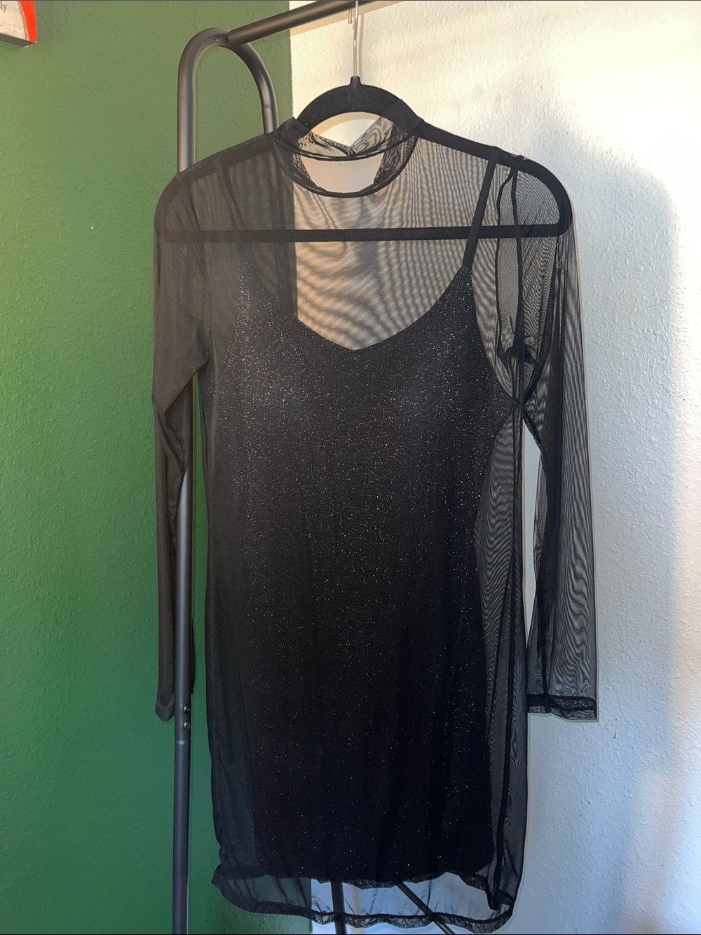 Black Klassy network Sheer Mesh Overlay Dress with Glitter Slip